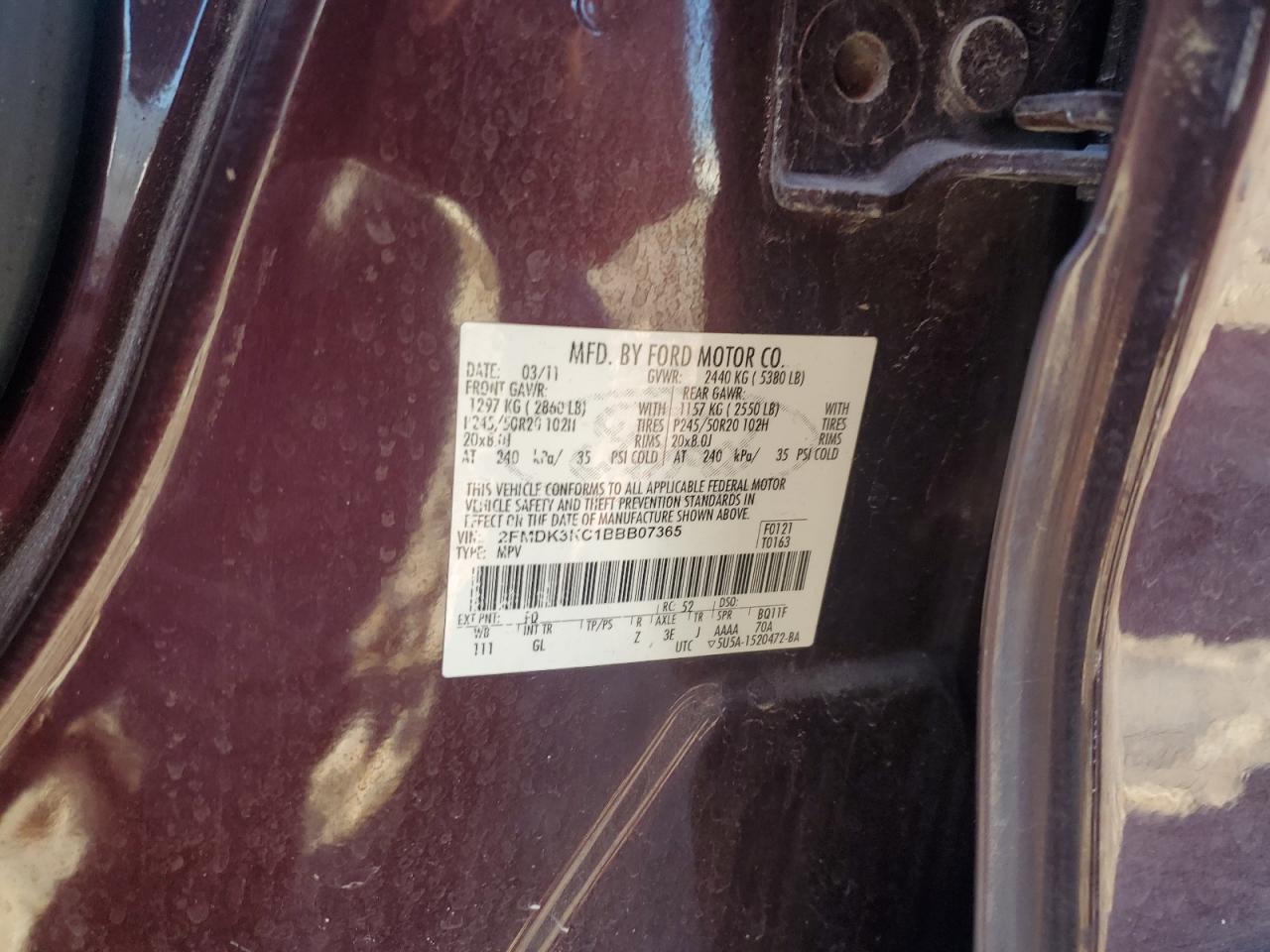 2011 Ford Edge VIN 2FMDK3KC1BBB07365 Copart auction photo, all over damage thumbnail 12