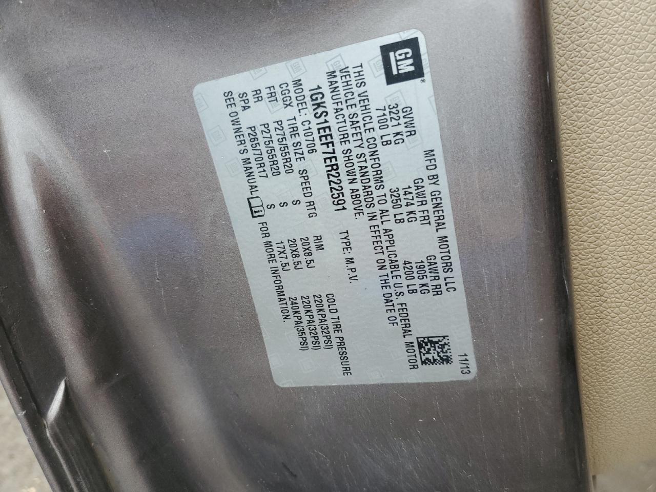 2014 GMC Yukon VIN 1GKS1EEF7ER222591 Copart auction photo, side damage thumbnail 13