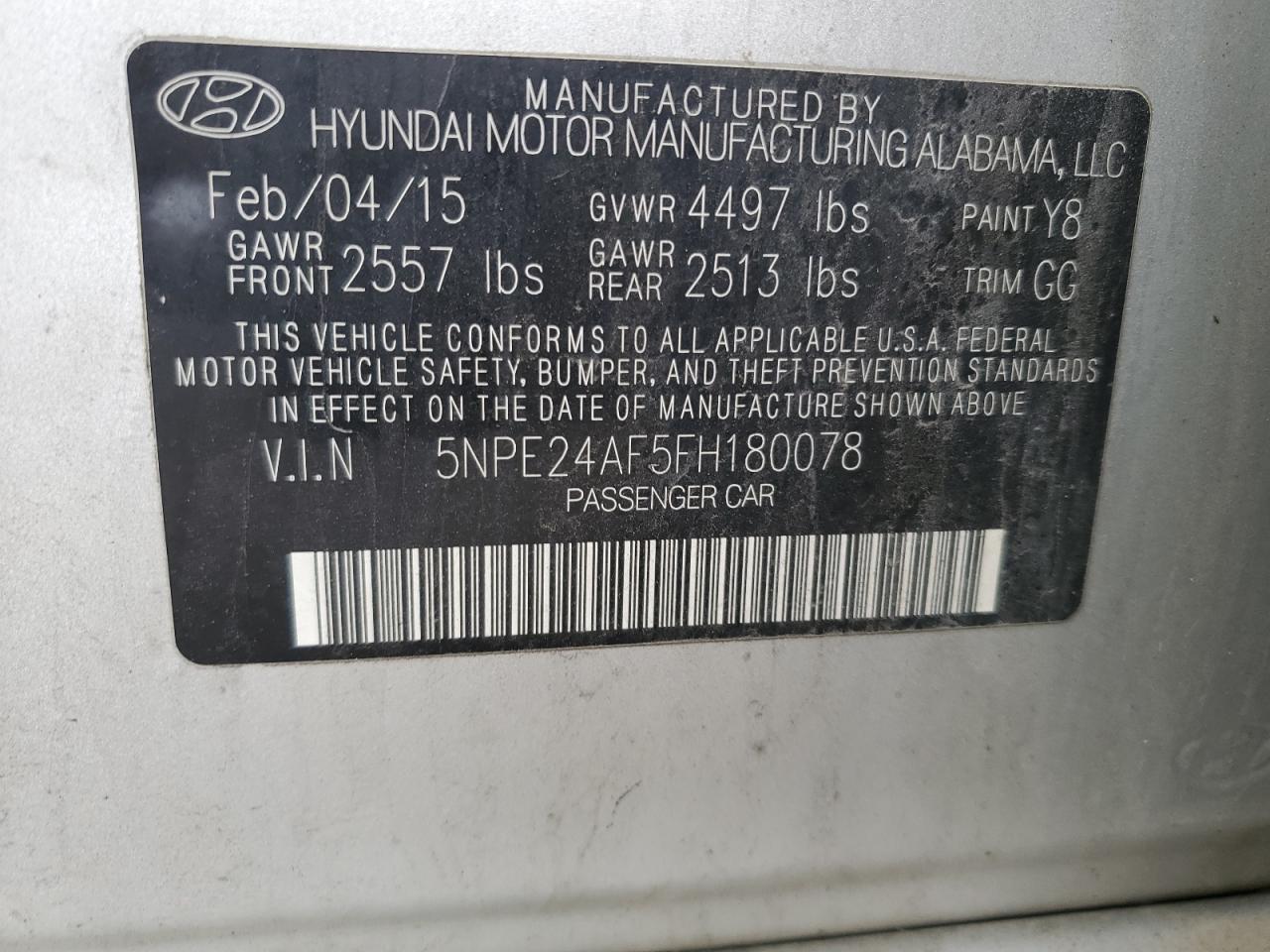 2015 Hyundai Sonata VIN 5NPE24AF5FH180078 Copart auction photo, front end damage thumbnail 12