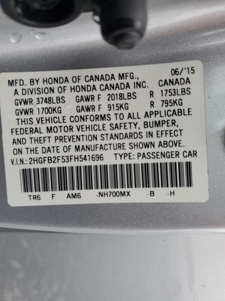 2015 Honda Civic VIN 2HGFB2F53FH541696 Copart auction photo, front end damage thumbnail 12