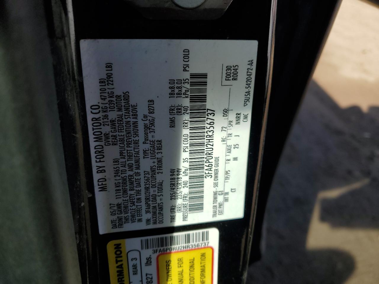 2017 Ford Fusion VIN 3FA6P0RU2HR356737 Copart auction photo, front end / side damage thumbnail 12