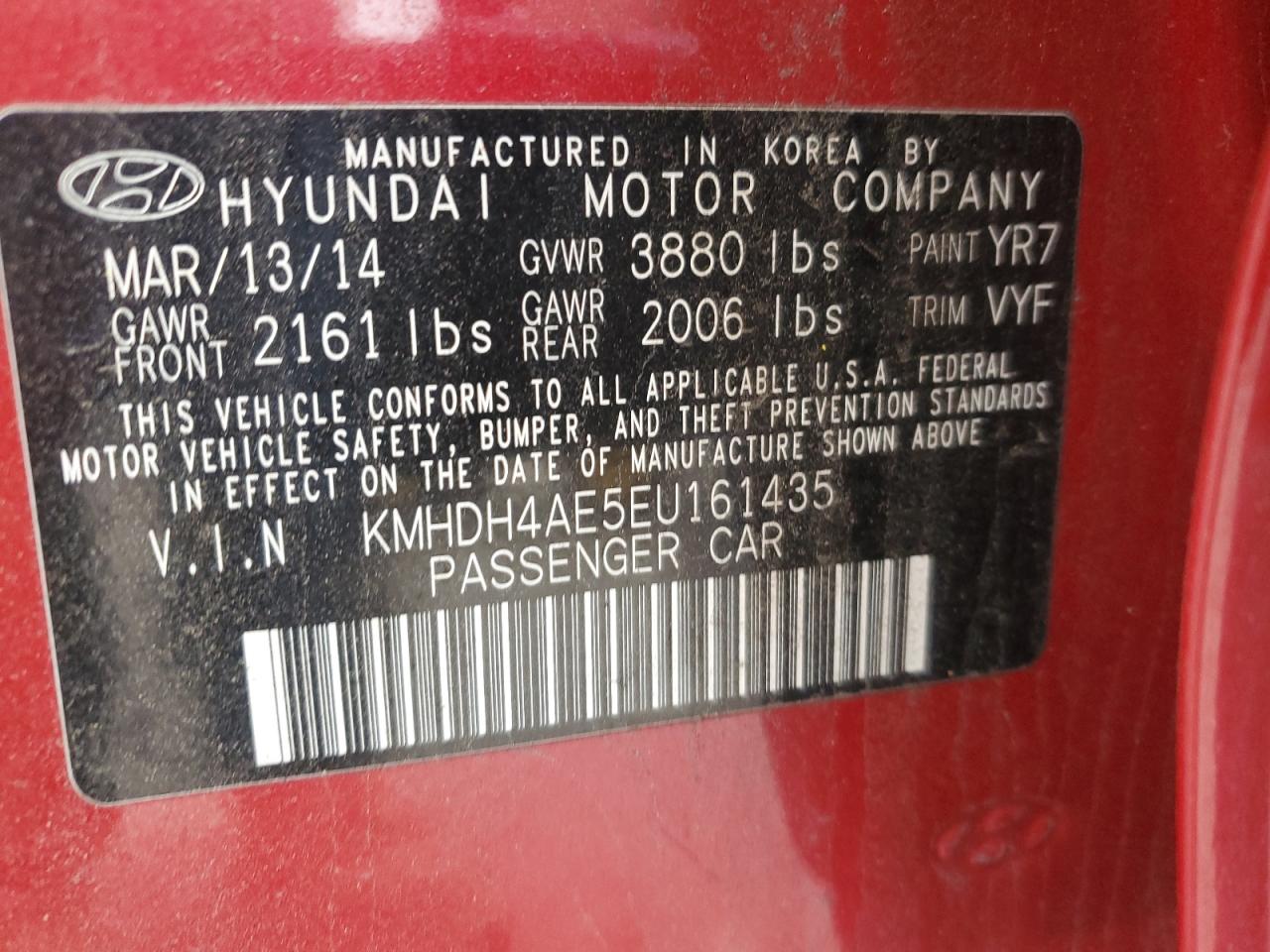 2014 Hyundai Elantra VIN KMHDH4AE5EU161435 Copart auction photo, front end / rear end damage thumbnail 12