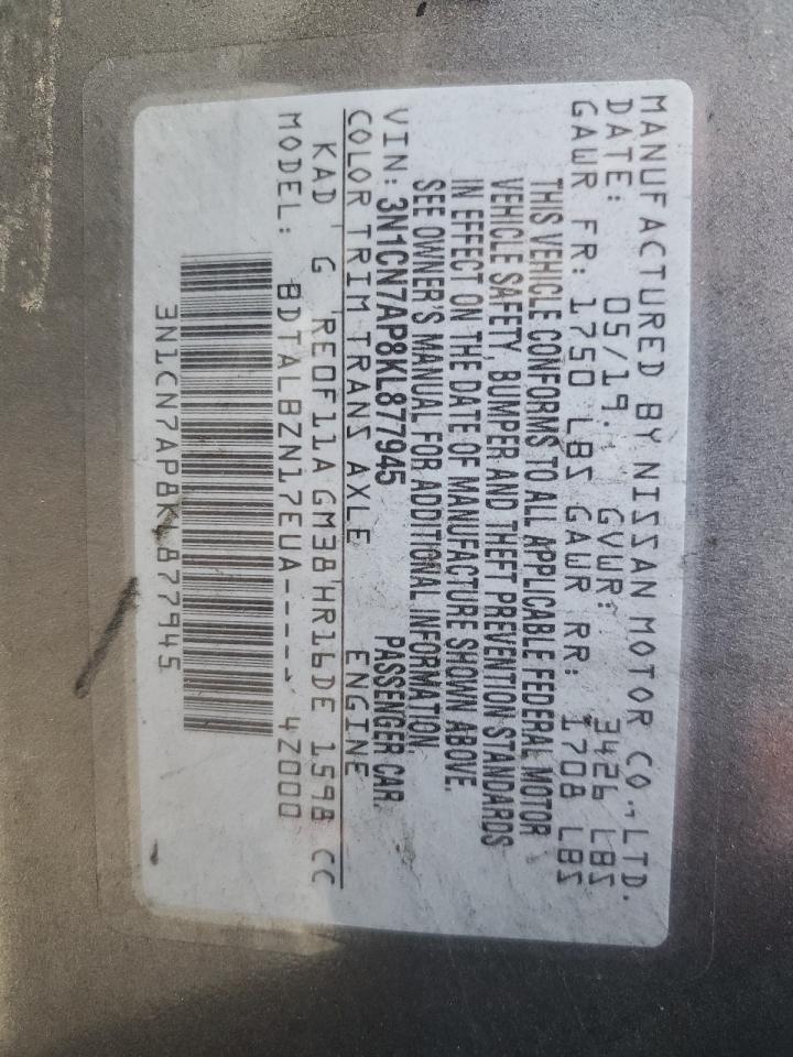 2019 Nissan Versa VIN 3N1CN7AP8KL877945 Copart auction photo, front end / minor dent/scratches damage thumbnail 12