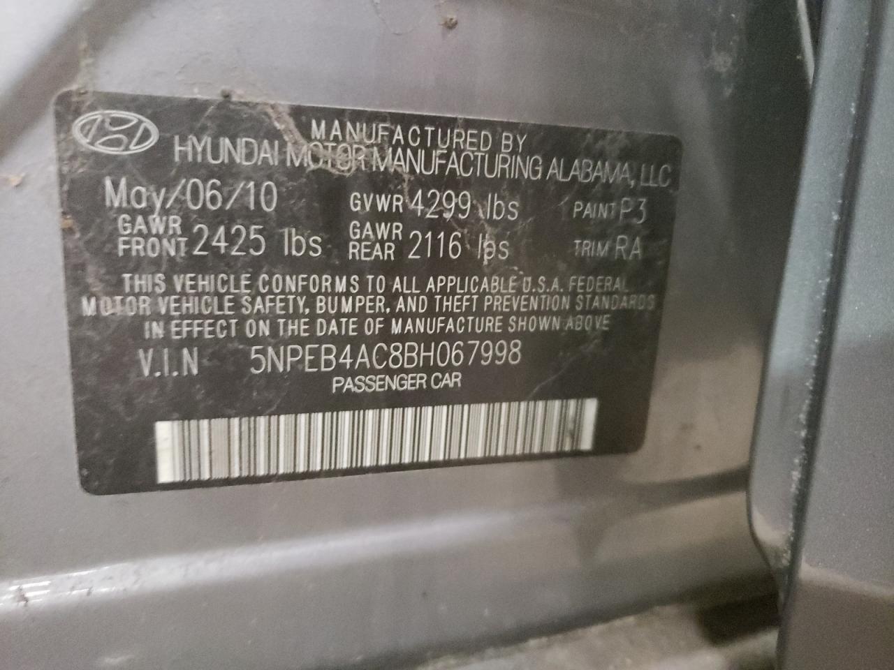 2011 Hyundai Sonata VIN 5NPEB4AC8BH067998 Copart auction photo, all over damage thumbnail 12