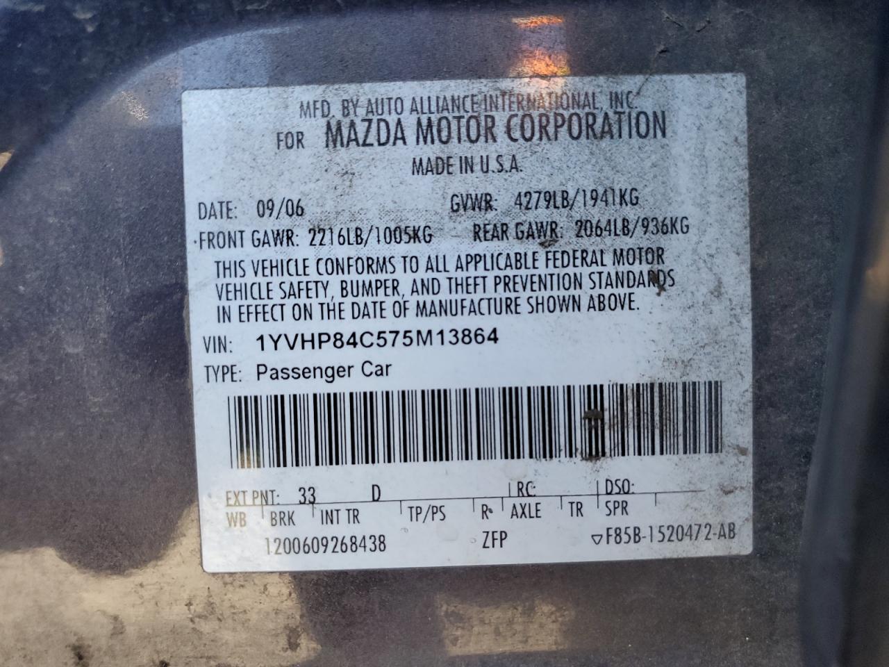 2007 Mazda 6 VIN 1YVHP84C575M13864 Copart auction photo, stripped / all over damage thumbnail 12