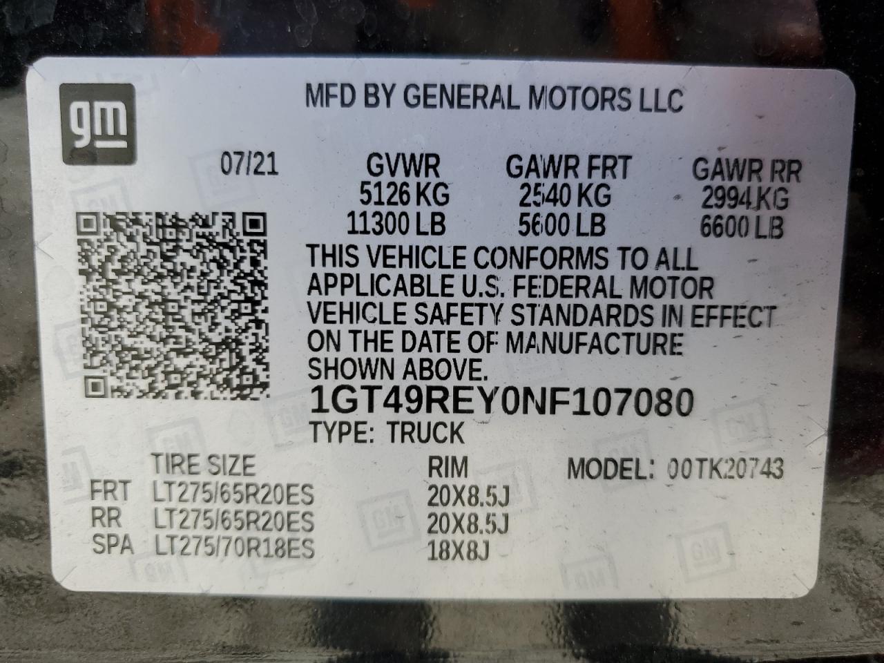 2022 GMC Sierra VIN 1GT49REY0NF107080 Copart auction photo, vandalism / minor dent/scratches damage thumbnail 14