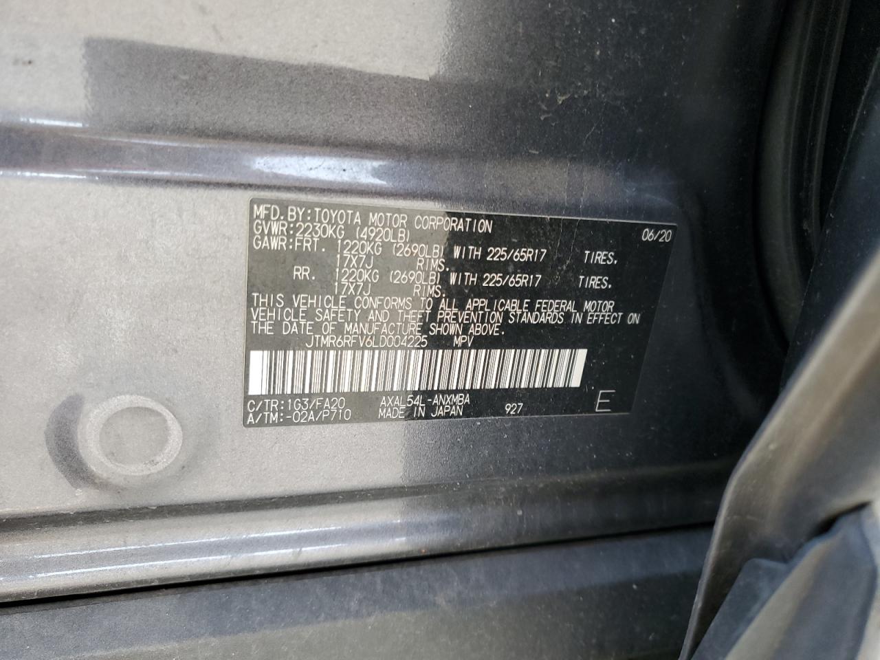 2020 Toyota RAV 4 VIN JTMR6RFV6LD004225 Copart auction photo, rear end damage thumbnail 15