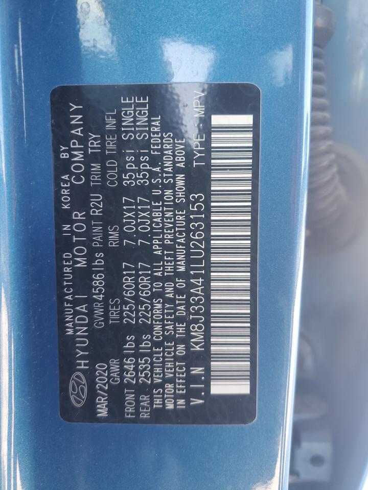 2020 Hyundai Tucson VIN KM8J33A41LU263153 Copart auction photo, rear end / side damage thumbnail 14
