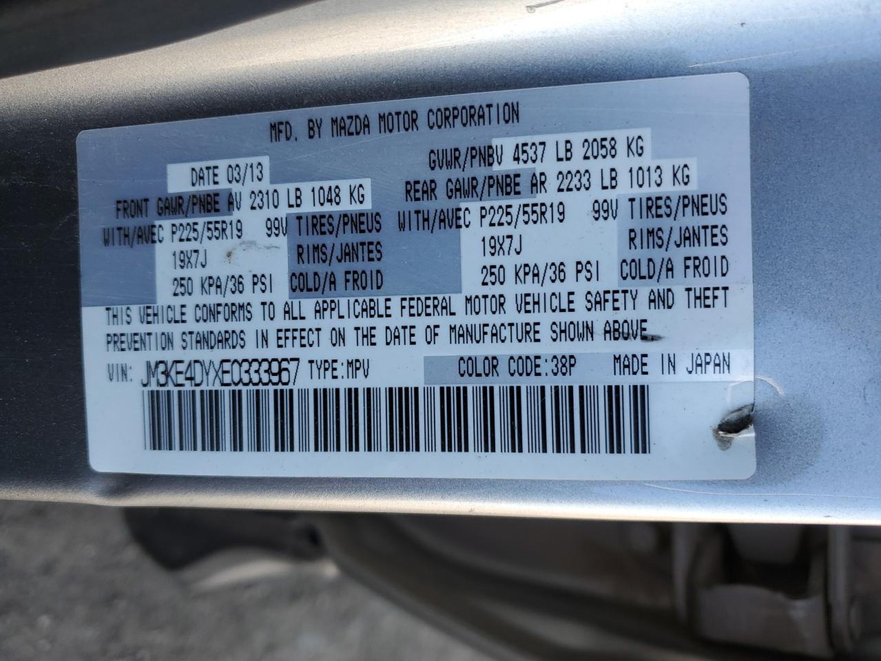 2014 Mazda CX-5 VIN JM3KE4DYXE0333967 Copart auction photo, side / front end damage thumbnail 12