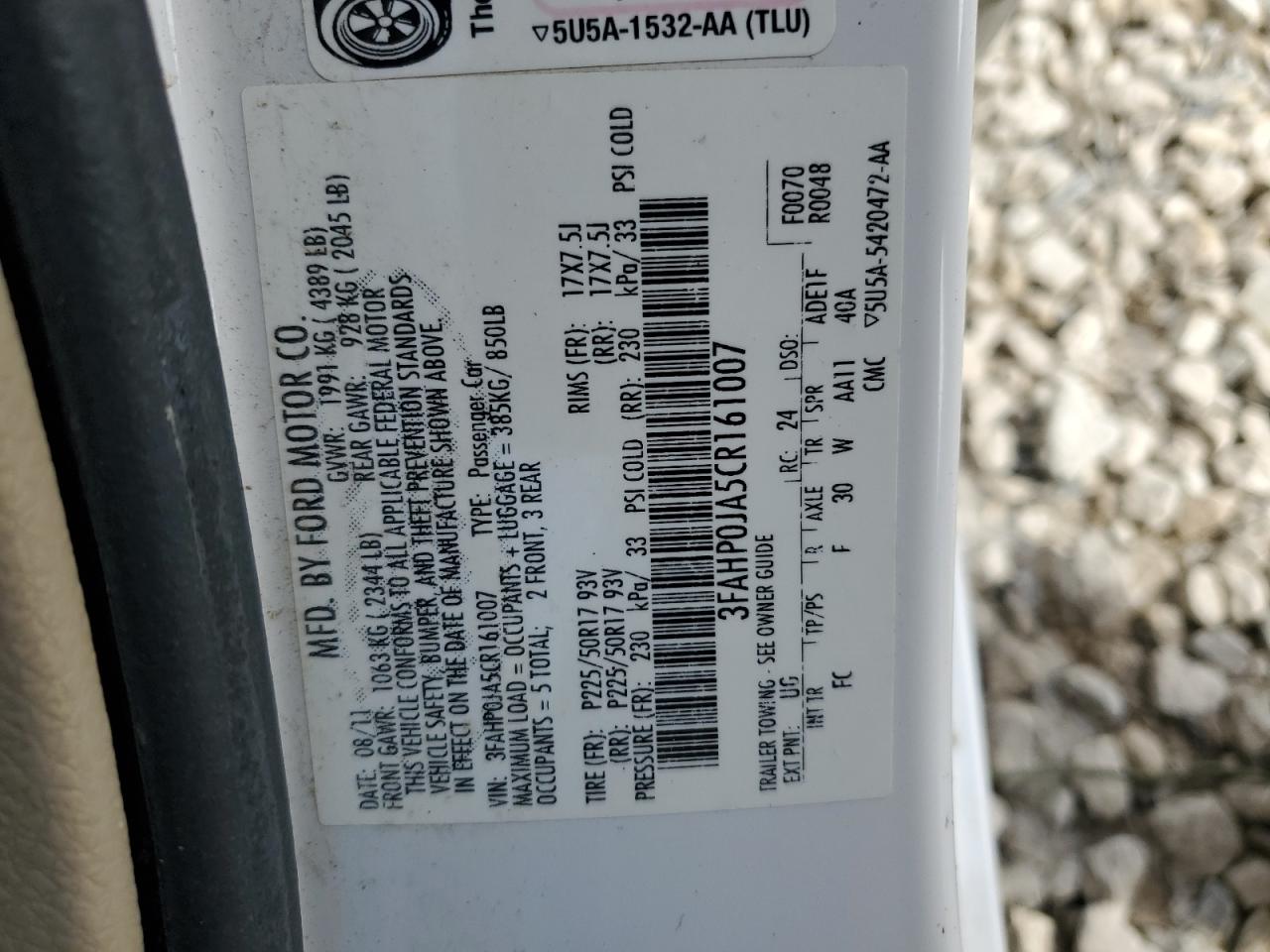 2012 Ford Fusion VIN 3FAHP0JA5CR161007 Copart auction photo, front end damage thumbnail 15