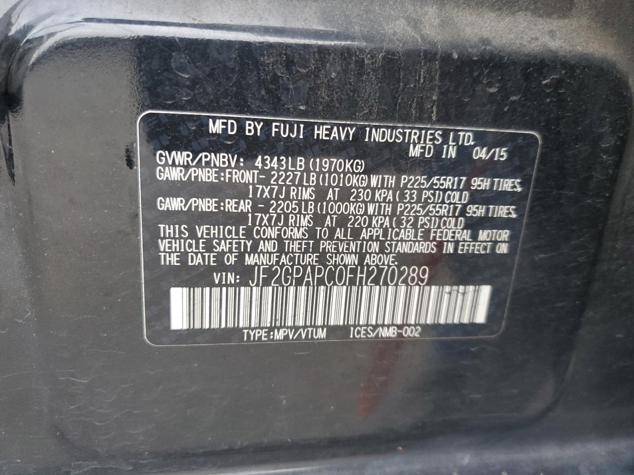 2015 Subaru XV VIN JF2GPAPC0FH270289 Copart auction photo, rear end / front end damage thumbnail 16
