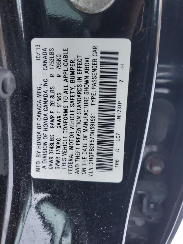 2013 Honda Civic VIN 2HGFB2F57DH591921 Copart auction photo, front end / minor dent/scratches damage thumbnail 12
