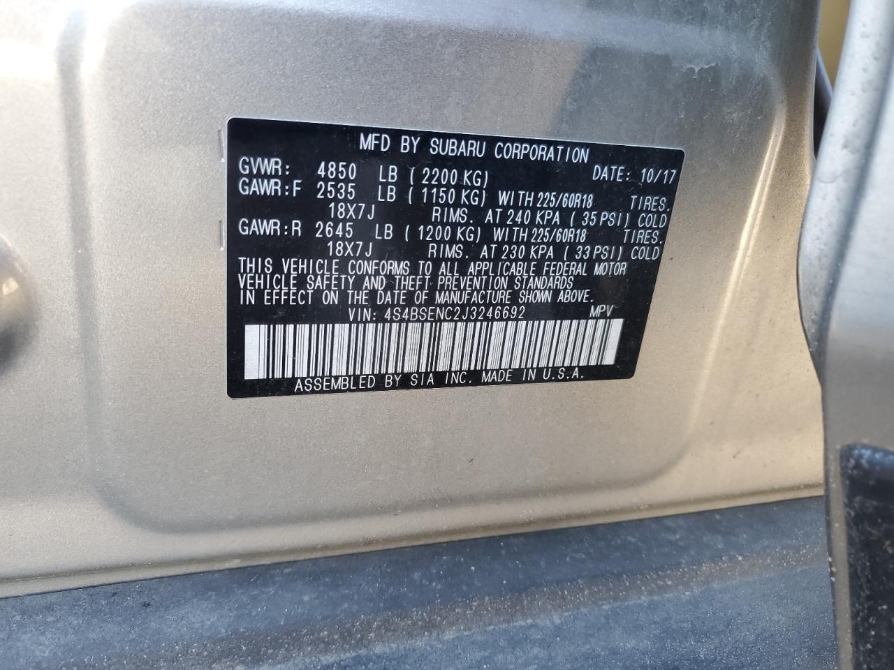 2018 Subaru Outback VIN 4S4BSENC2J3246692 Copart auction photo, rear end damage thumbnail 13