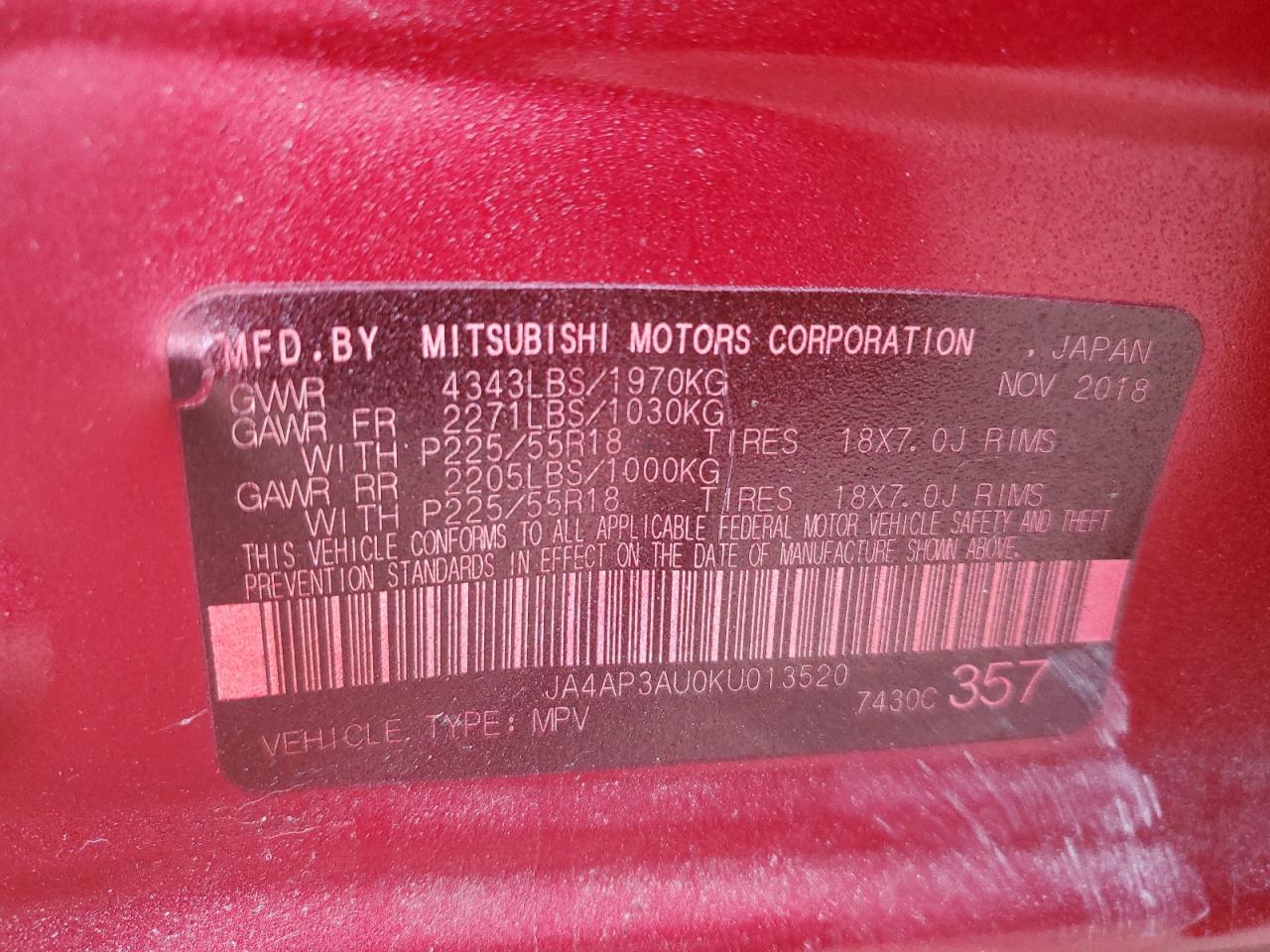2019 Mitsubishi Outlander VIN JA4AP3AU0KU013520 Copart auction photo, undercarriage / front end damage thumbnail 13