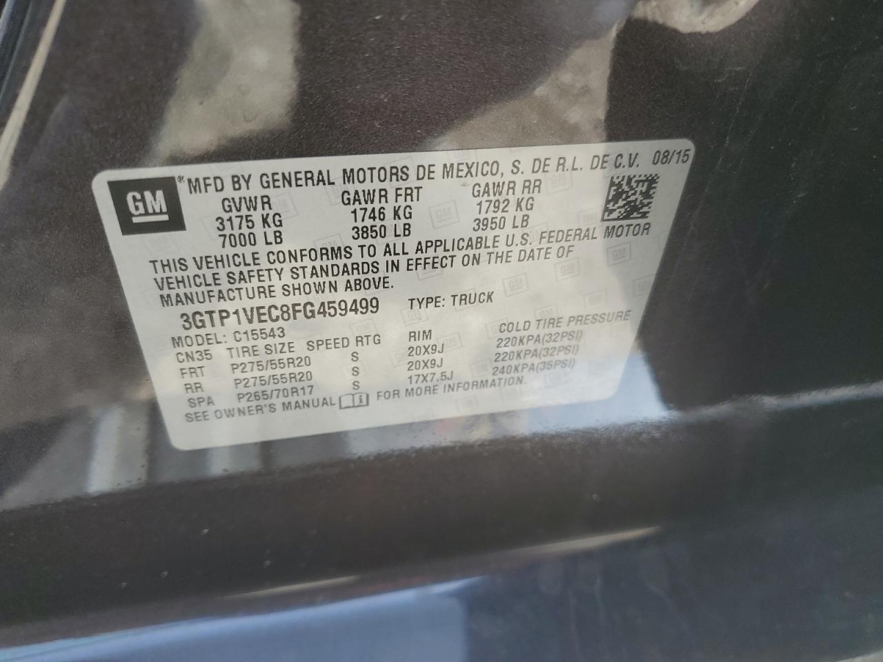 2015 GMC Sierra VIN 3GTP1VEC8FG459499 Copart auction photo, front end / rear end damage thumbnail 14