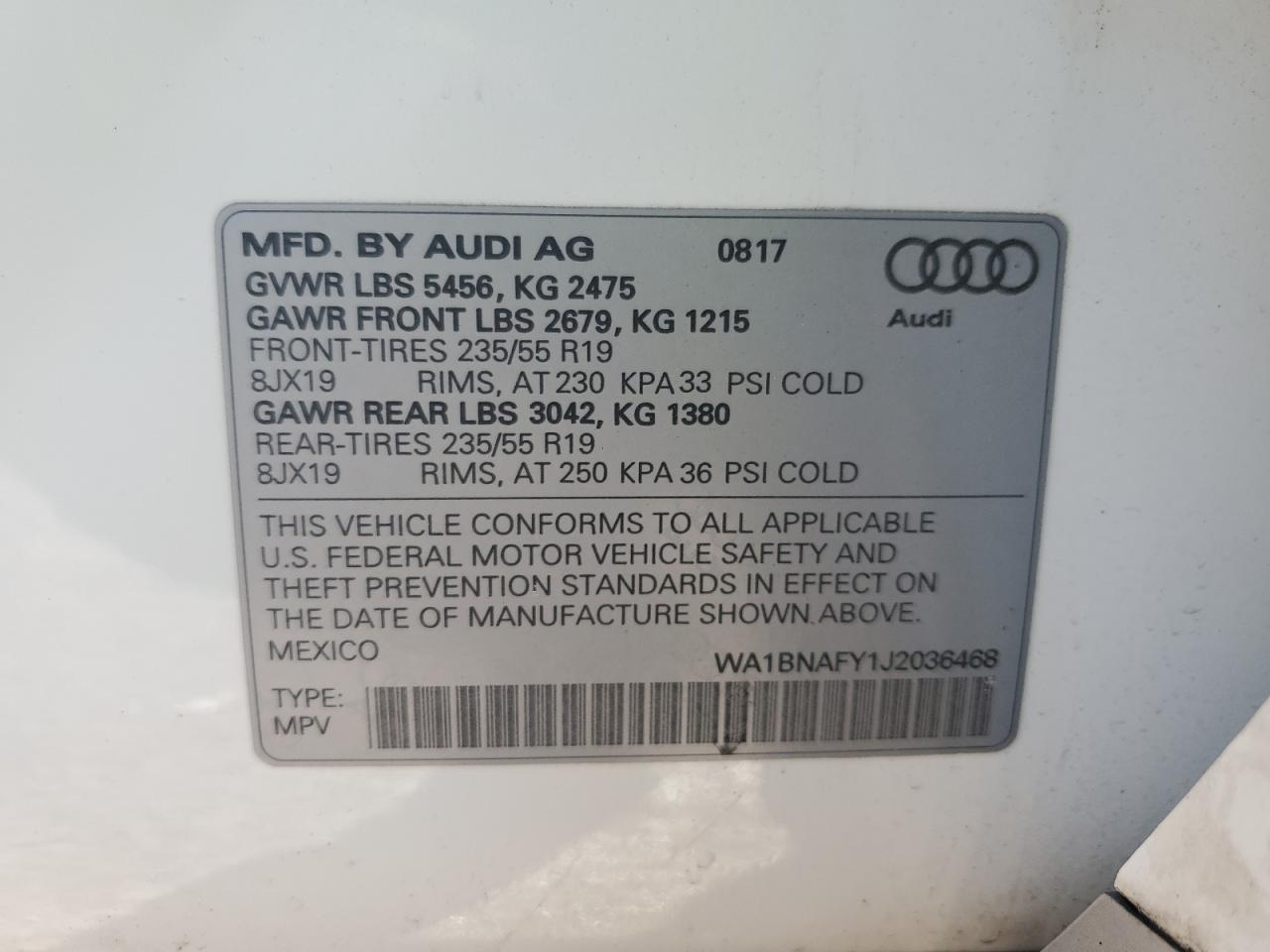 2018 Audi Q5 VIN WA1BNAFY1J2036468 Copart auction photo, front end damage thumbnail 13