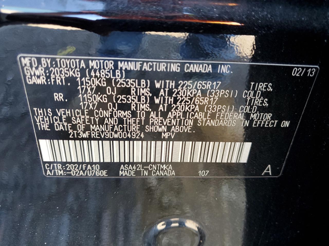 2013 Toyota RAV 4 VIN 2T3WFREV9DW004924 Copart auction photo, front end damage thumbnail 16