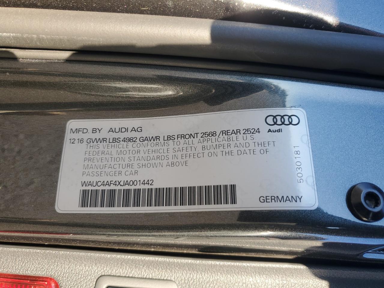 2018 Audi RS4 VIN WAUC4AF4XJA001442 Copart auction photo, front end / minor dent/scratches damage thumbnail 14