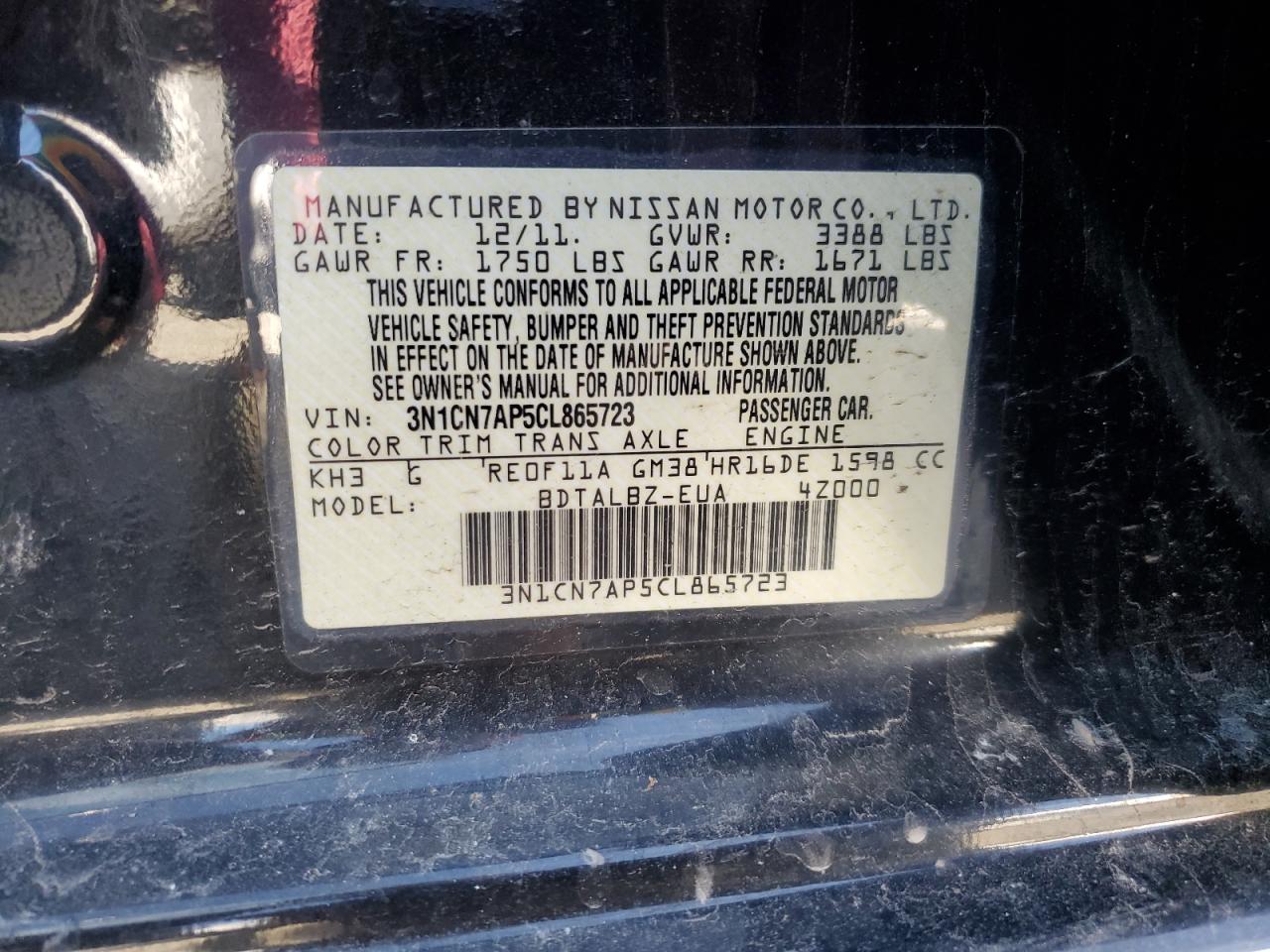 2012 Nissan Versa VIN 3N1CN7AP5CL865723 Copart auction photo, minor dent/scratches damage thumbnail 12