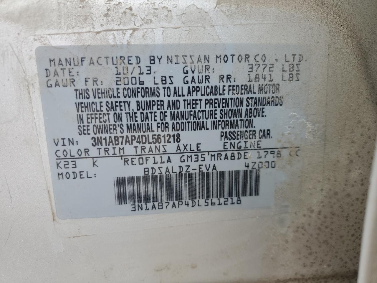 2013 Nissan Sentra VIN 3N1AB7AP4DL561218 Copart auction photo, side / front end damage thumbnail 12
