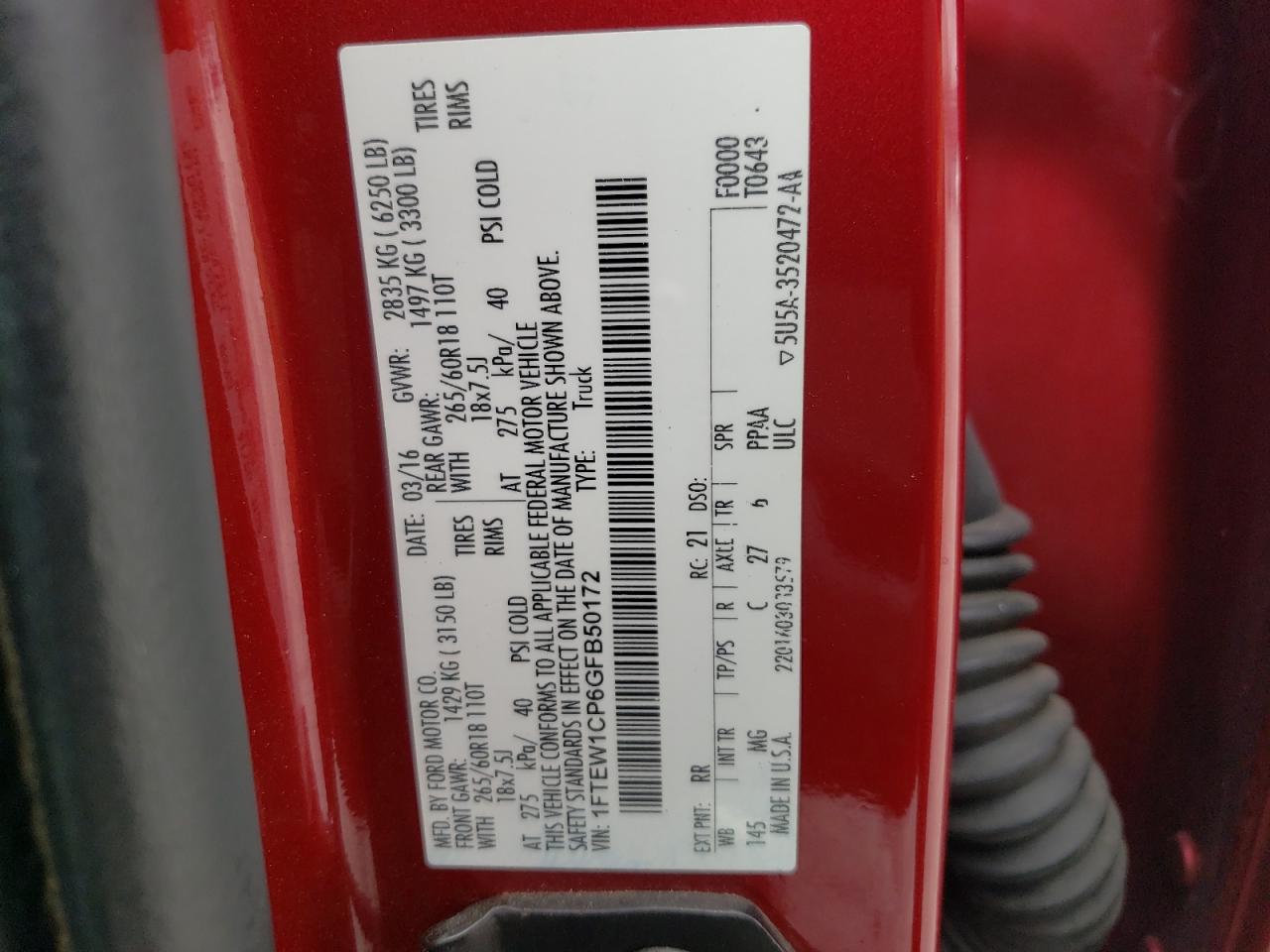 2016 Ford F-150 VIN 1FTEW1CP6GFB50172 Copart auction photo, front end damage thumbnail 13