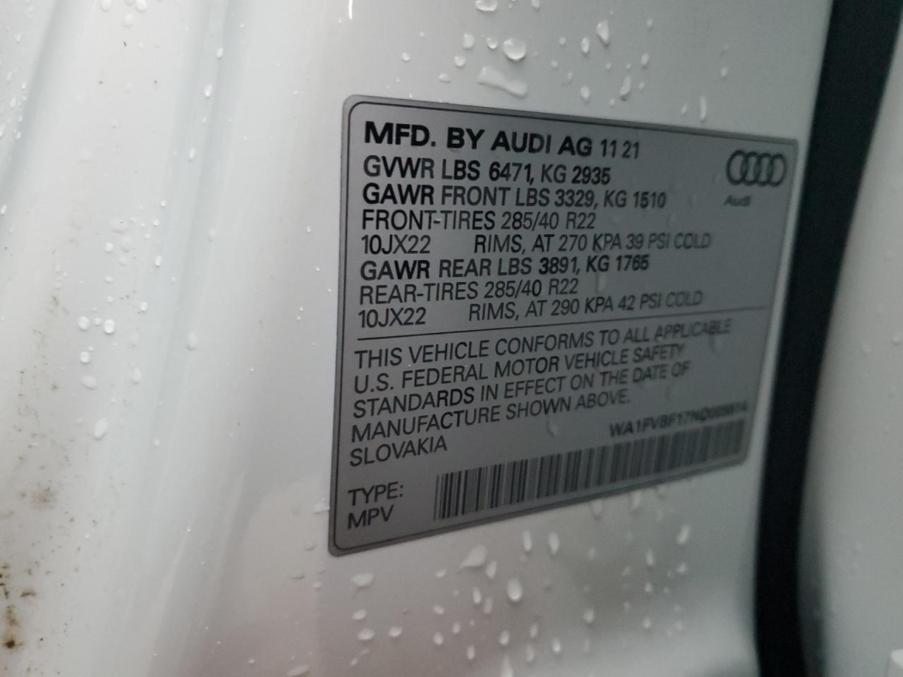 2022 Audi Q8 VIN WA1FVBF17ND009814 Copart auction photo, all over damage thumbnail 12