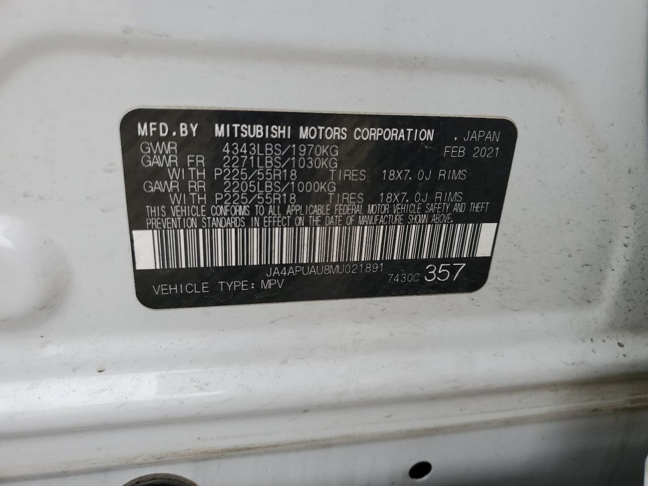 2021 Mitsubishi Outlander VIN JA4APUAU8MU021891 Copart auction photo, side / rear end damage thumbnail 12