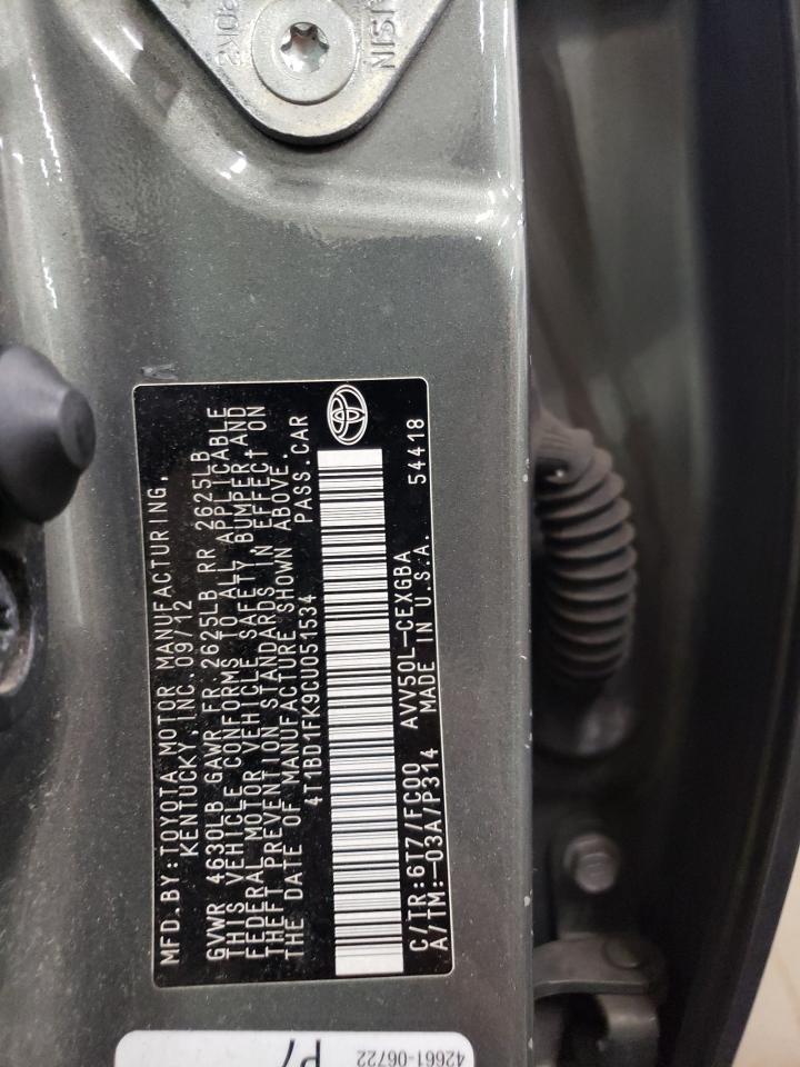 2012 Toyota Camry VIN 4T1BD1FK9CU051534 Copart auction photo, front end damage thumbnail 12