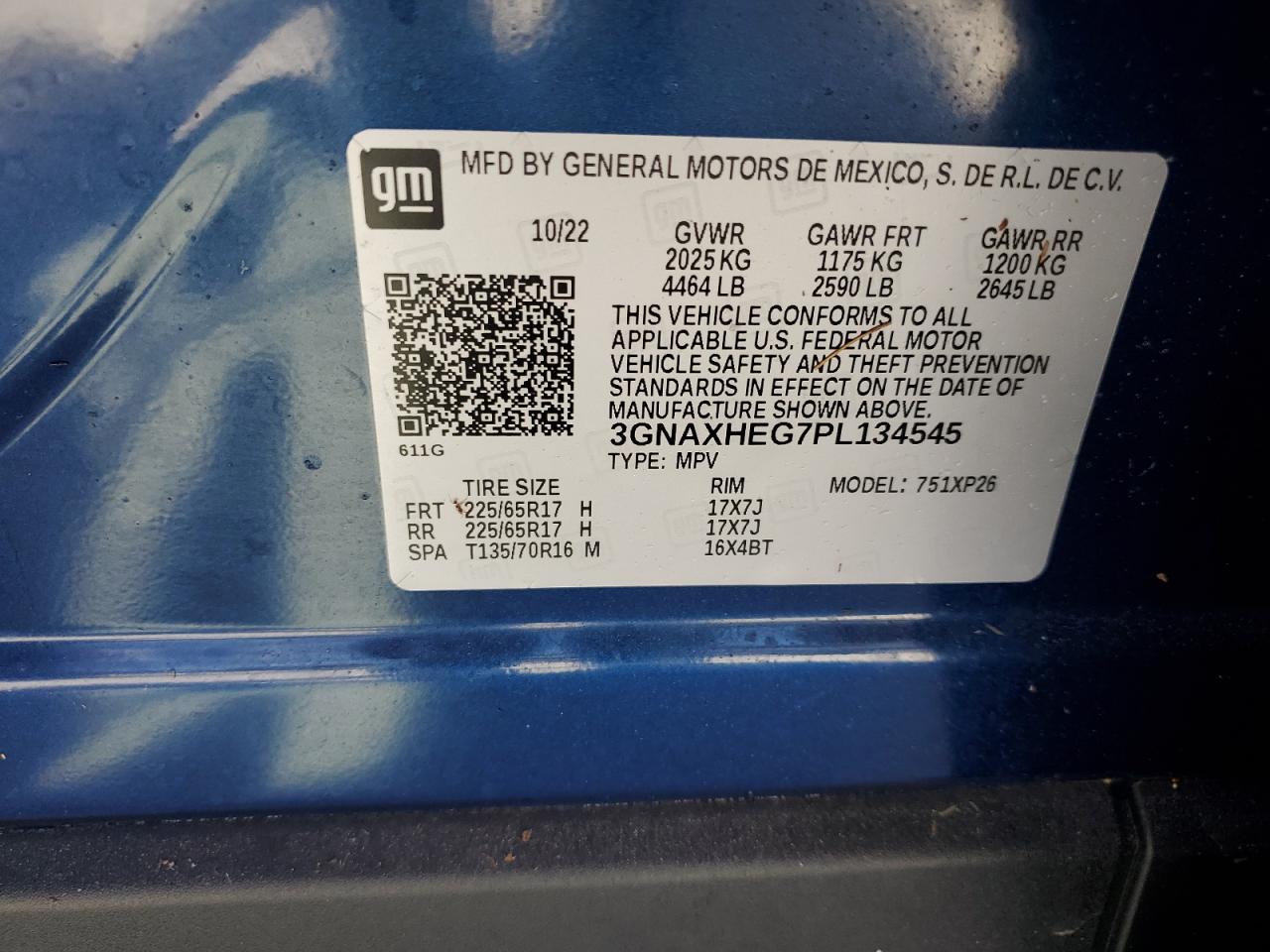 2023 Chevrolet Equinox VIN 3GNAXHEG7PL134545 Copart auction photo, water/flood damage thumbnail 13