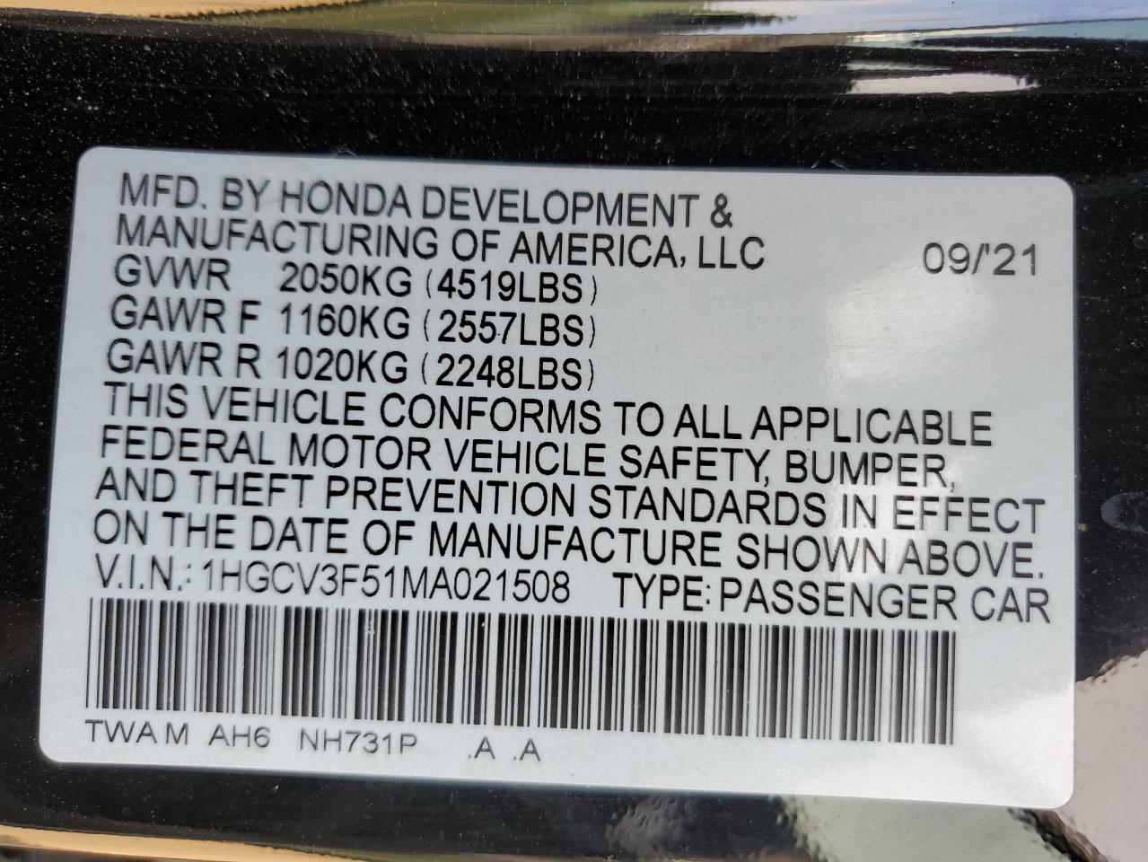 2021 Honda Accord VIN 1HGCV3F51MA021508 Copart auction photo, rear end damage thumbnail 12