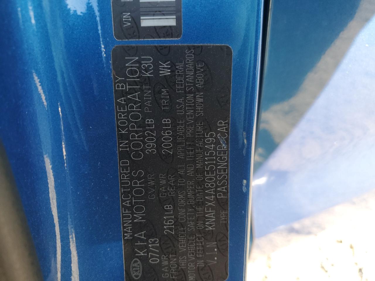 2014 KIA Forte VIN KNAFX4A80E5115495 Copart auction photo, side / front end damage thumbnail 14