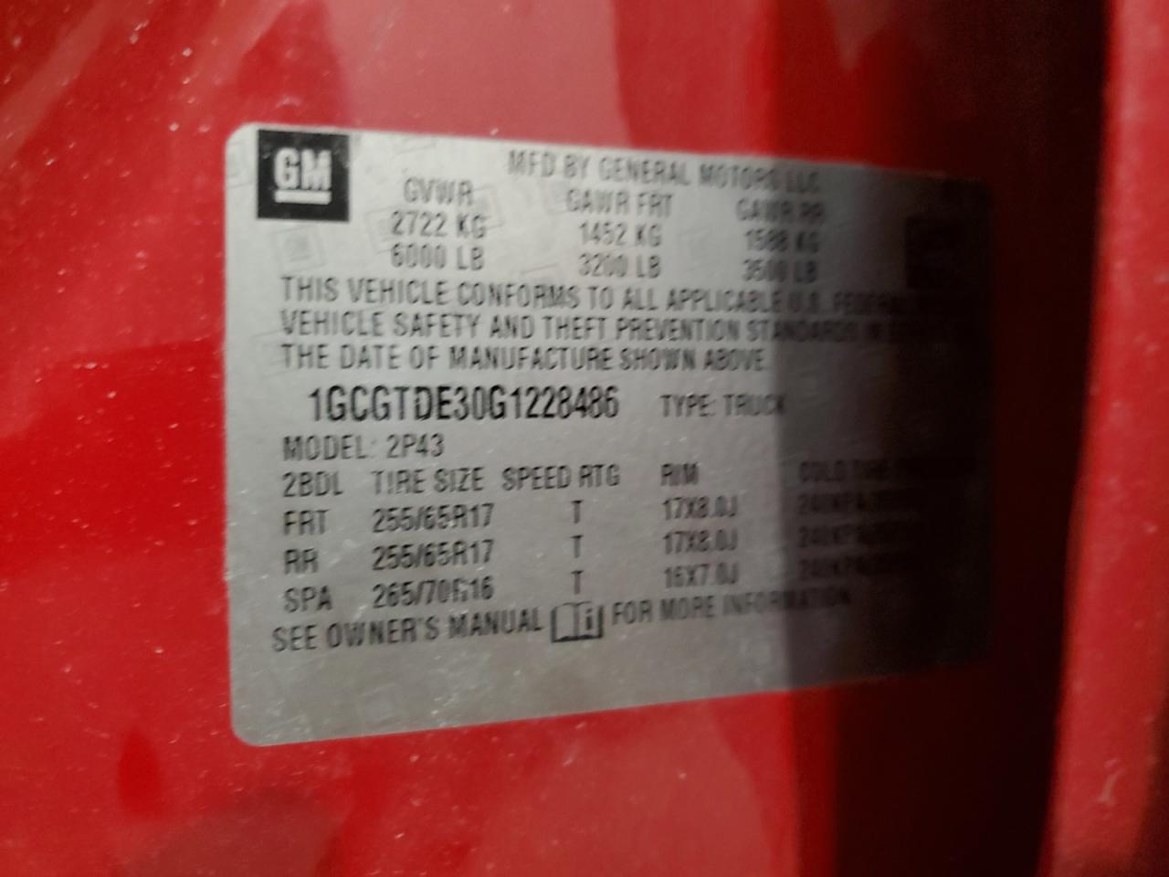 2016 Chevrolet Colorado VIN 1GCGTDE30G1228486 Copart auction photo, rear end / front end damage thumbnail 12