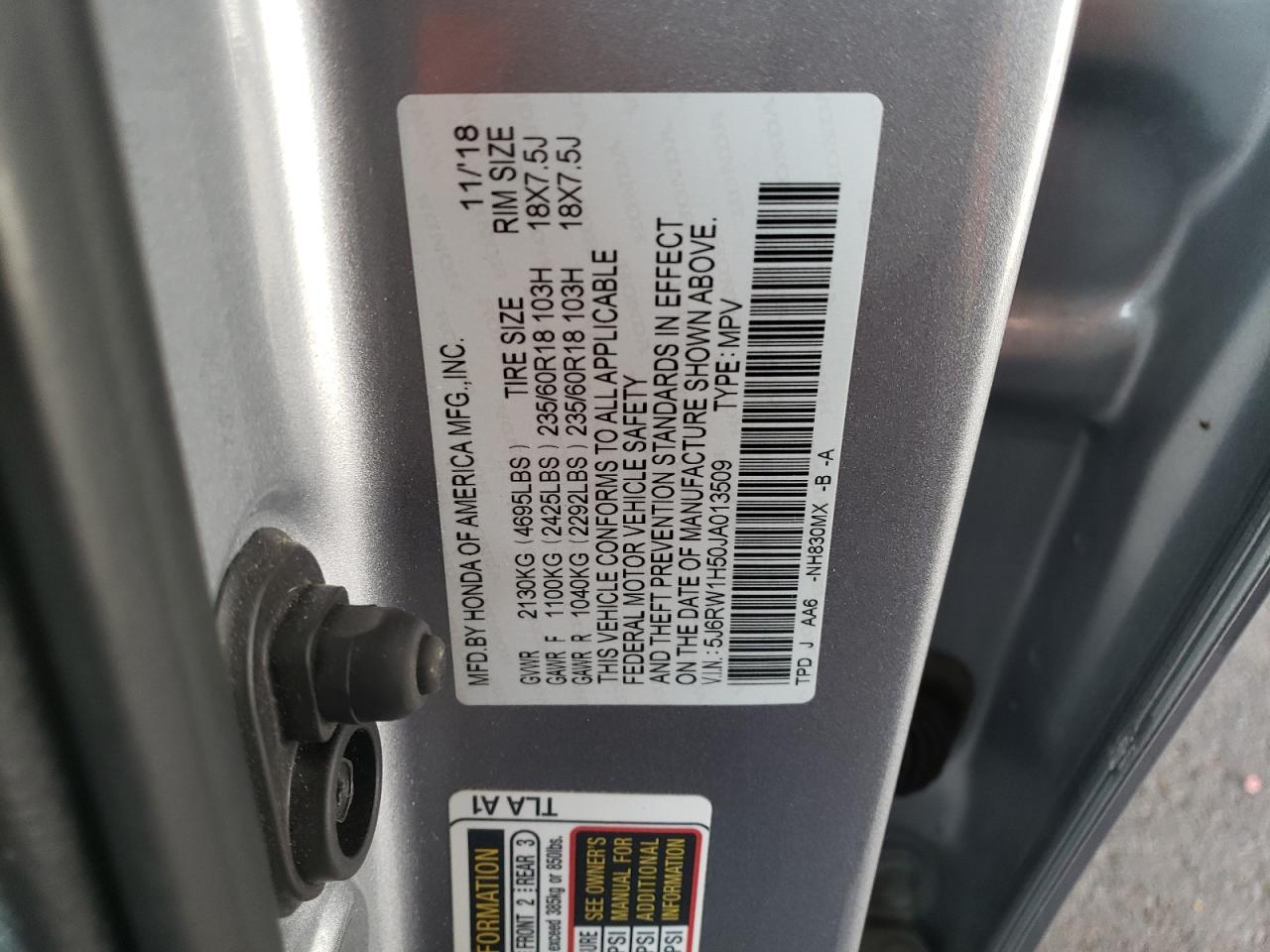 2018 Honda CR-V VIN 5J6RW1H50JA013509 Copart auction photo, front end damage thumbnail 15
