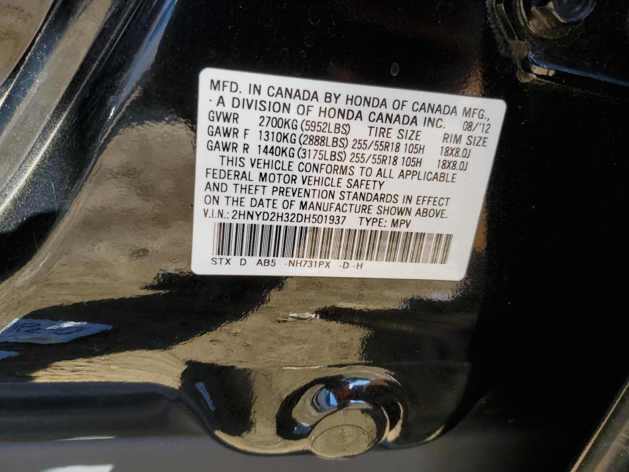 2013 Acura MDX VIN 2HNYD2H32DH501937 Copart auction photo, side / rear end damage thumbnail 13