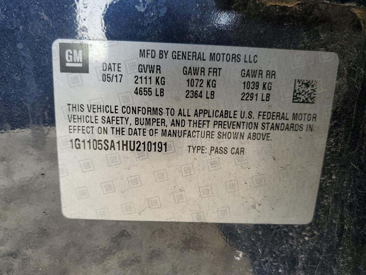2017 Chevrolet Impala VIN 1G1105SA1HU210191 Copart auction photo, front end damage thumbnail 12