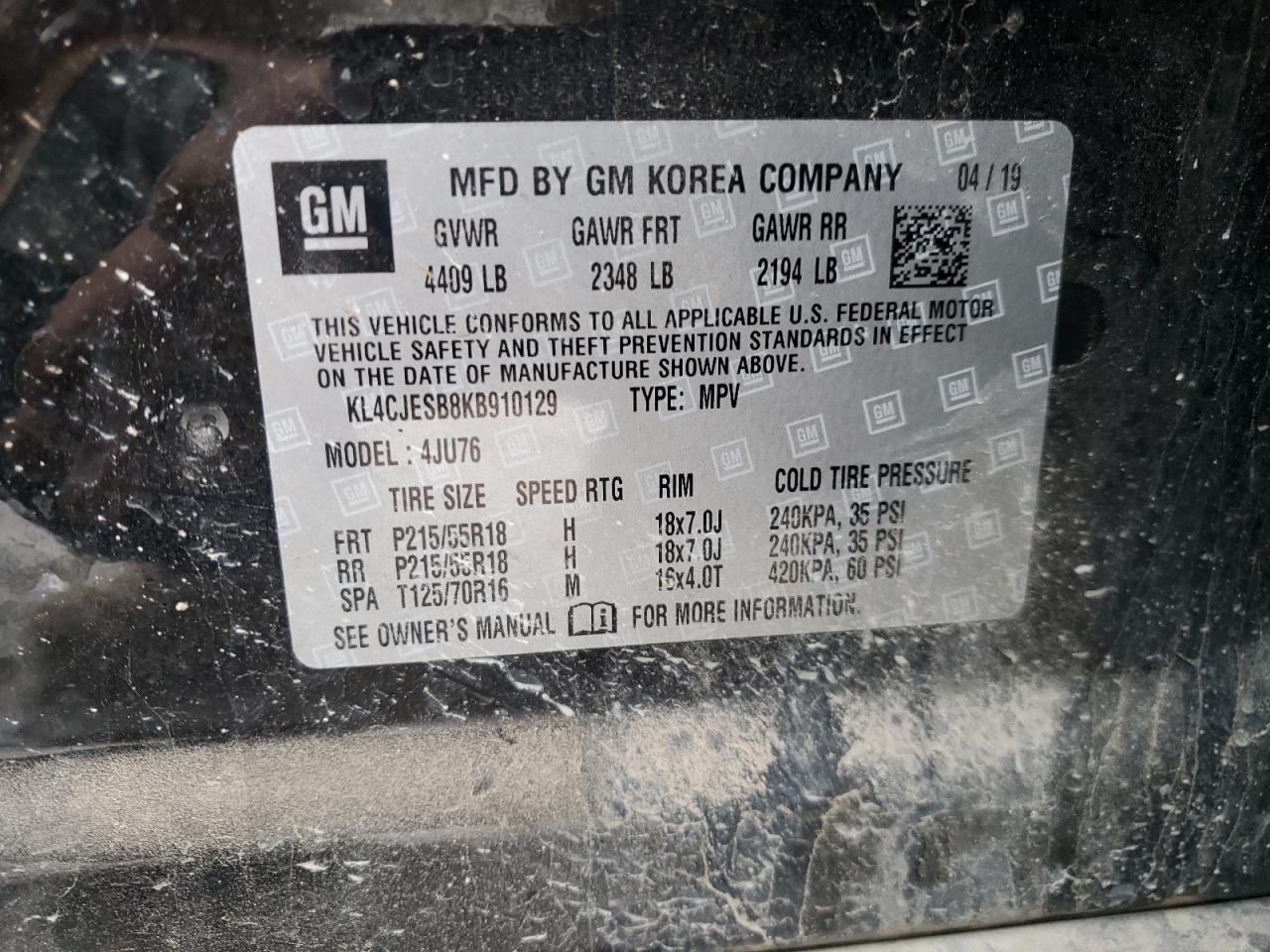 2019 Buick Encore VIN KL4CJESB8KB910129 Copart auction photo, front end damage thumbnail 14