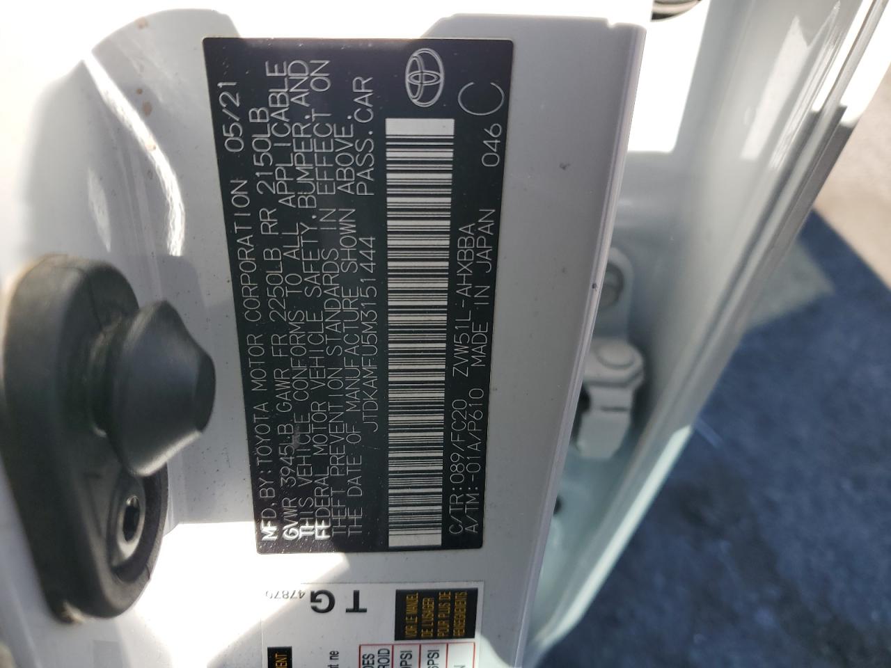 2021 Toyota Prius VIN JTDKAMFU5M3151444 Copart auction photo, front end damage thumbnail 12