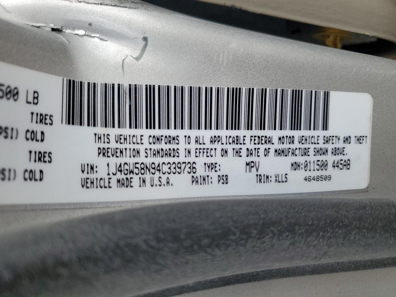 2004 Jeep Grand Cherokee VIN 1J4GW58N94C339736 Copart auction photo, front end / side damage thumbnail 15