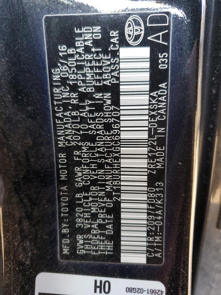 2016 Toyota Corolla VIN 2T1BURHEXGC696707 Copart auction photo, front end damage thumbnail 12