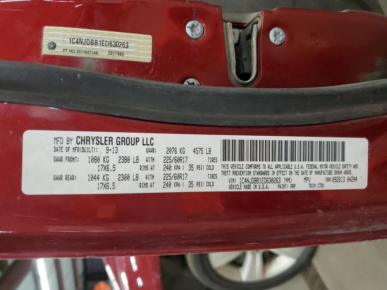 2014 Jeep Compass VIN 1C4NJDBB1ED630263 Copart auction photo, side / minor dent/scratches damage thumbnail 13