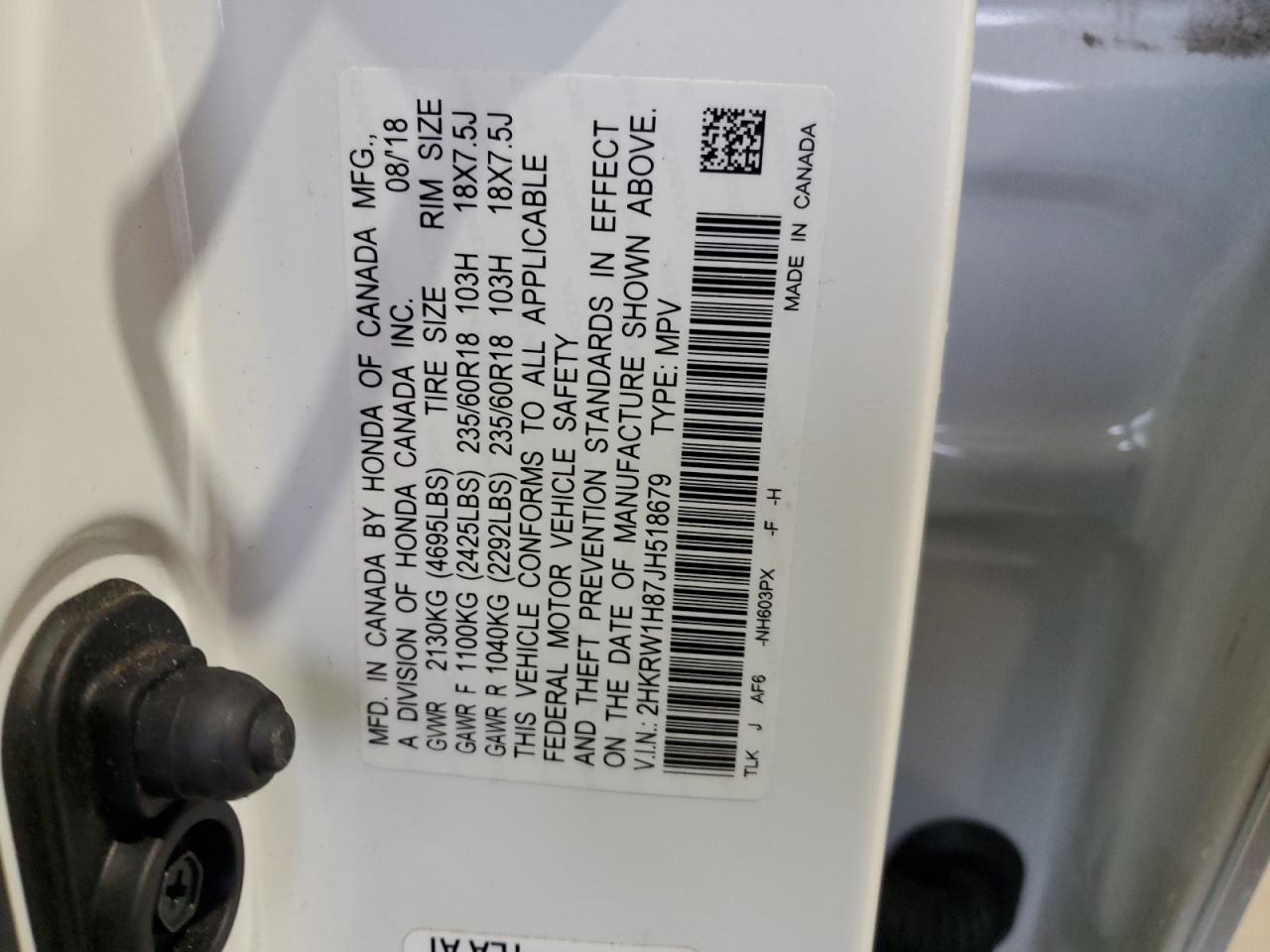 2018 Honda CR-V VIN 2HKRW1H87JH518679 Copart auction photo, all over damage thumbnail 16