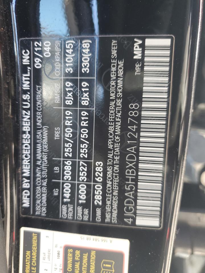 2013 Mercedes-Benz M-klasse VIN 4JGDA5HBXDA124788 Copart auction photo, rear end / minor dent/scratches damage thumbnail 13