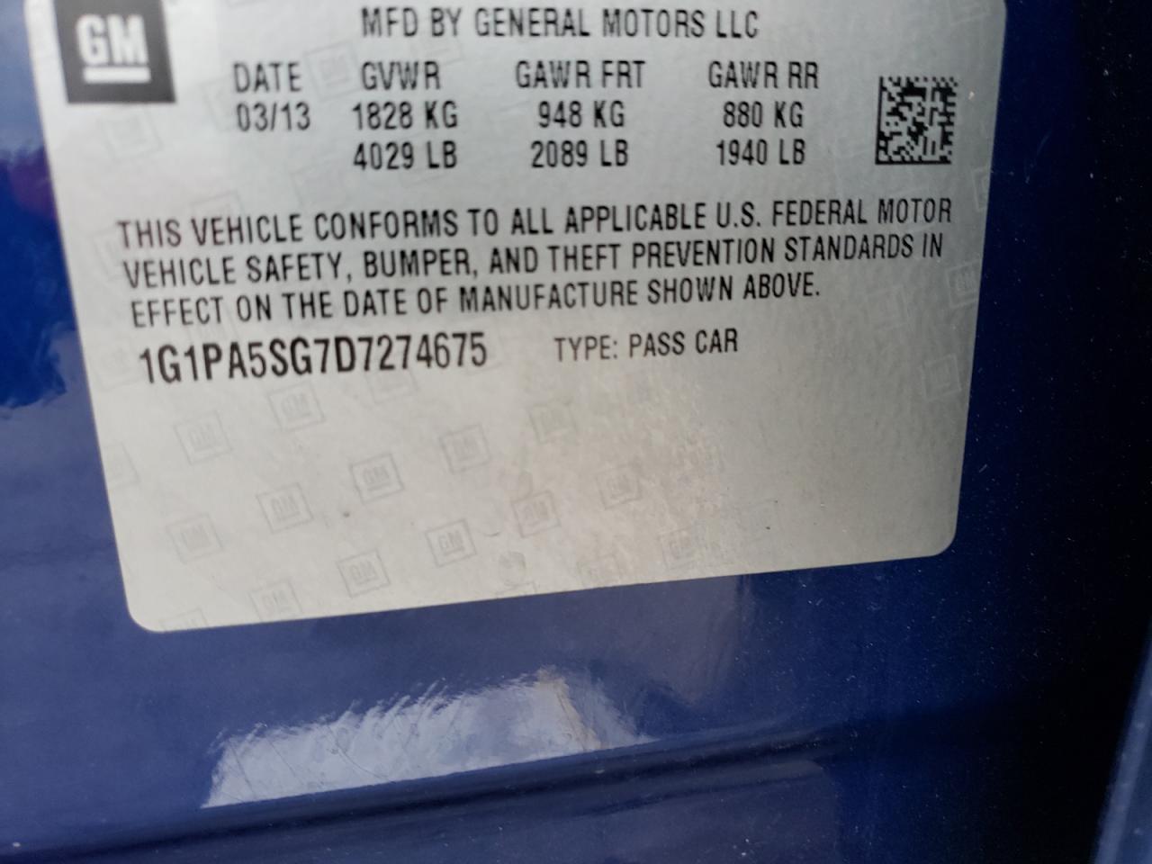 2013 Chevrolet Cruze VIN 1G1PA5SG7D7274675 Copart auction photo, front end damage thumbnail 14