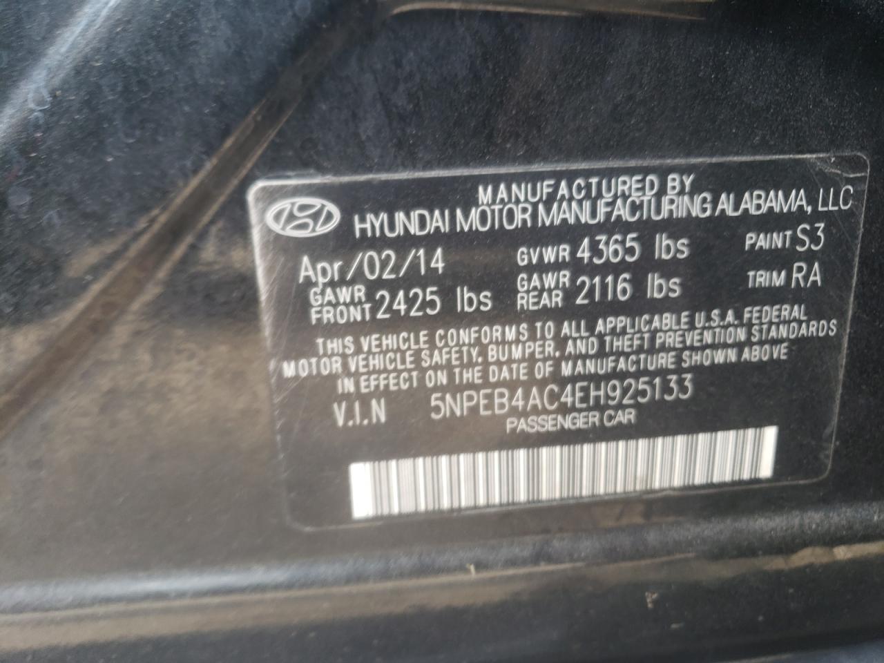 2014 Hyundai Sonata VIN 5NPEB4AC4EH925133 Copart auction photo, front end damage thumbnail 12