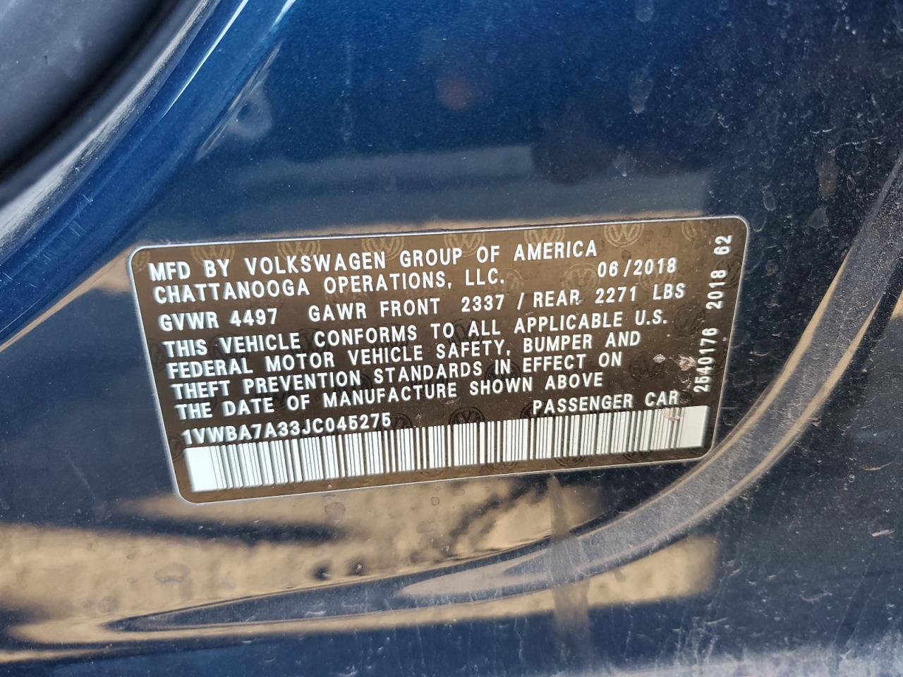 2018 Volkswagen Passat VIN 1VWBA7A33JC045275 Copart auction photo, rear end damage thumbnail 12