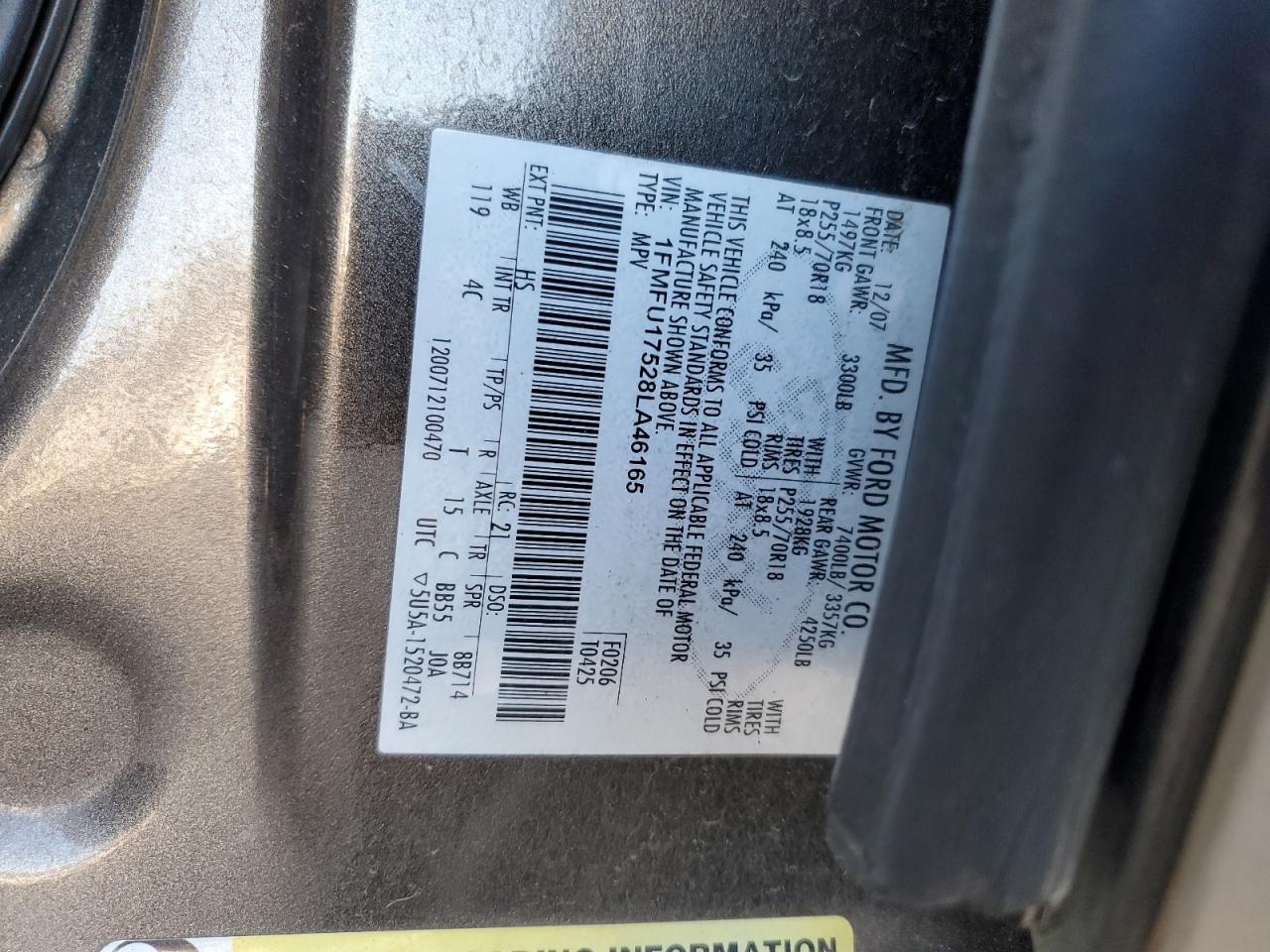 2008 Ford Expedition VIN 1FMFU17528LA46165 Copart auction photo, rear end damage thumbnail 13