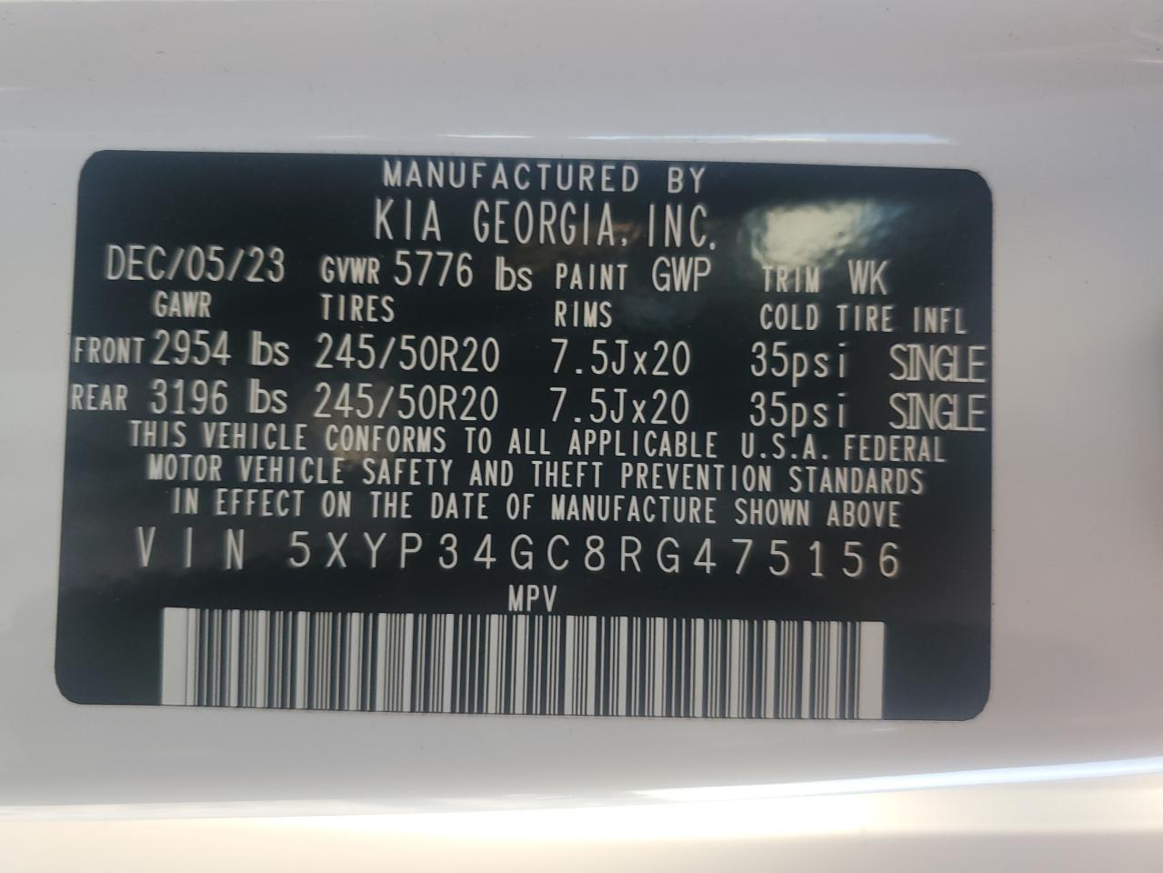 2024 KIA Telluride VIN 5XYP34GC8RG475156