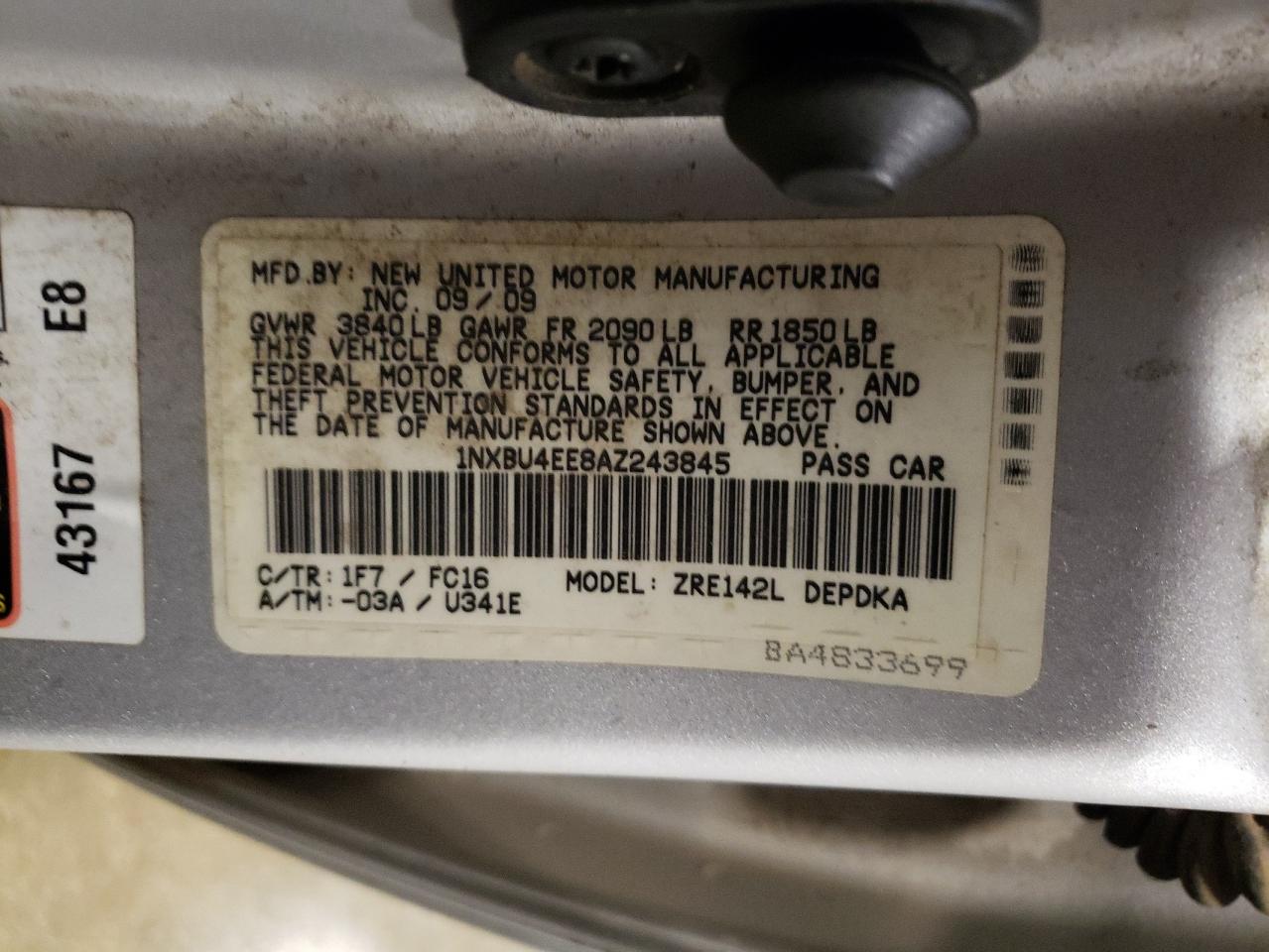 2010 Toyota Corolla VIN 1NXBU4EE8AZ243845 Copart auction photo, all over / mechanical damage thumbnail 12