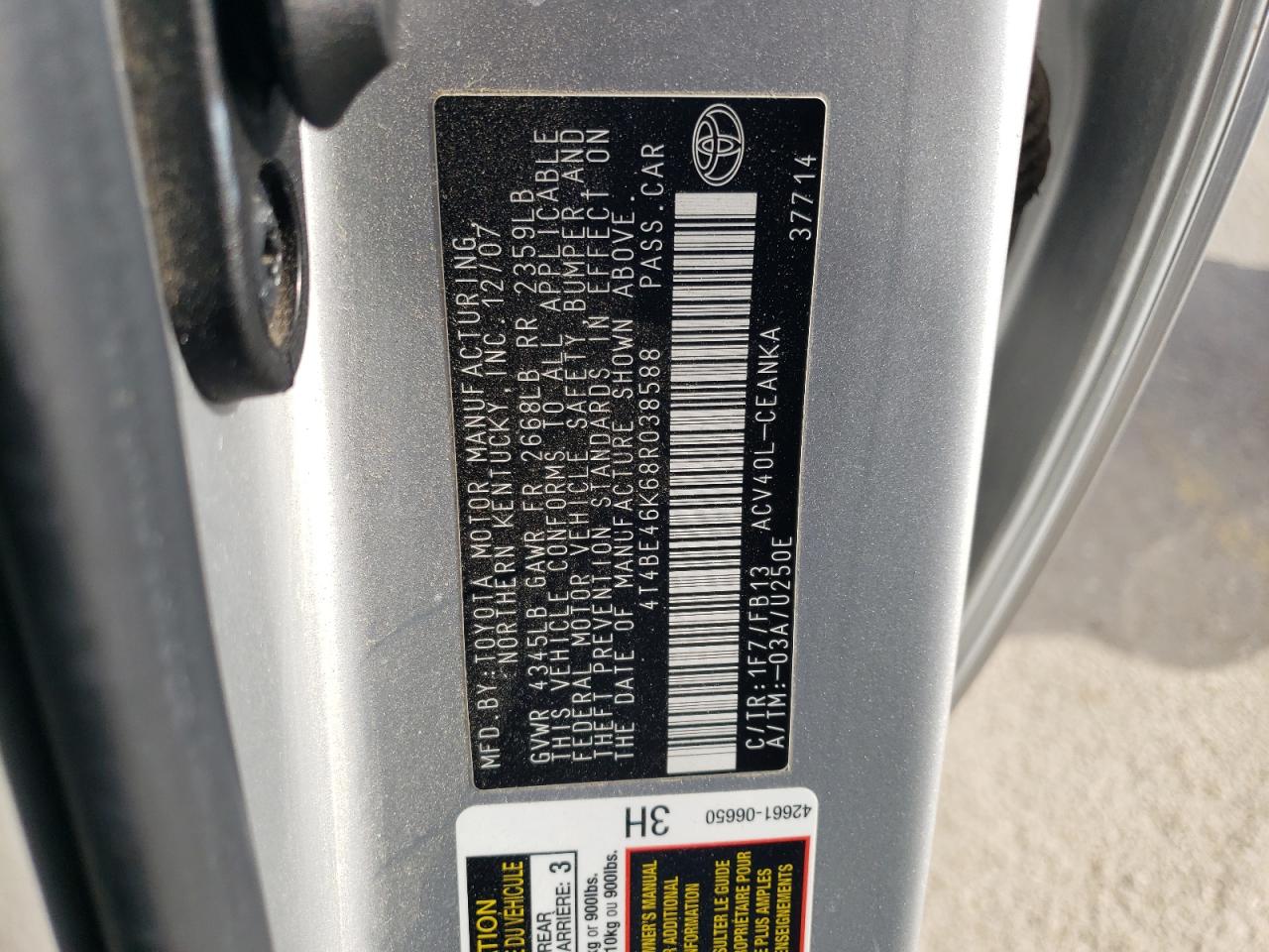 2008 Toyota Camry VIN 4T4BE46K68R038588 Copart auction photo, front end damage thumbnail 12