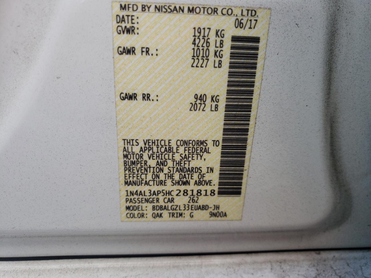 2017 Nissan Altima VIN 1N4AL3AP5HC281818 Copart auction photo, front end damage thumbnail 14